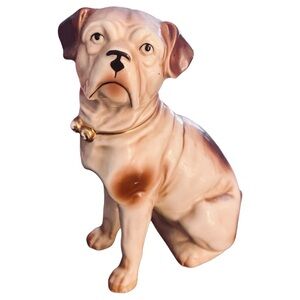 Antique Victorian Bull Dog Mantle Figurine Ceramic Statue Gold Gilt Bell Collar